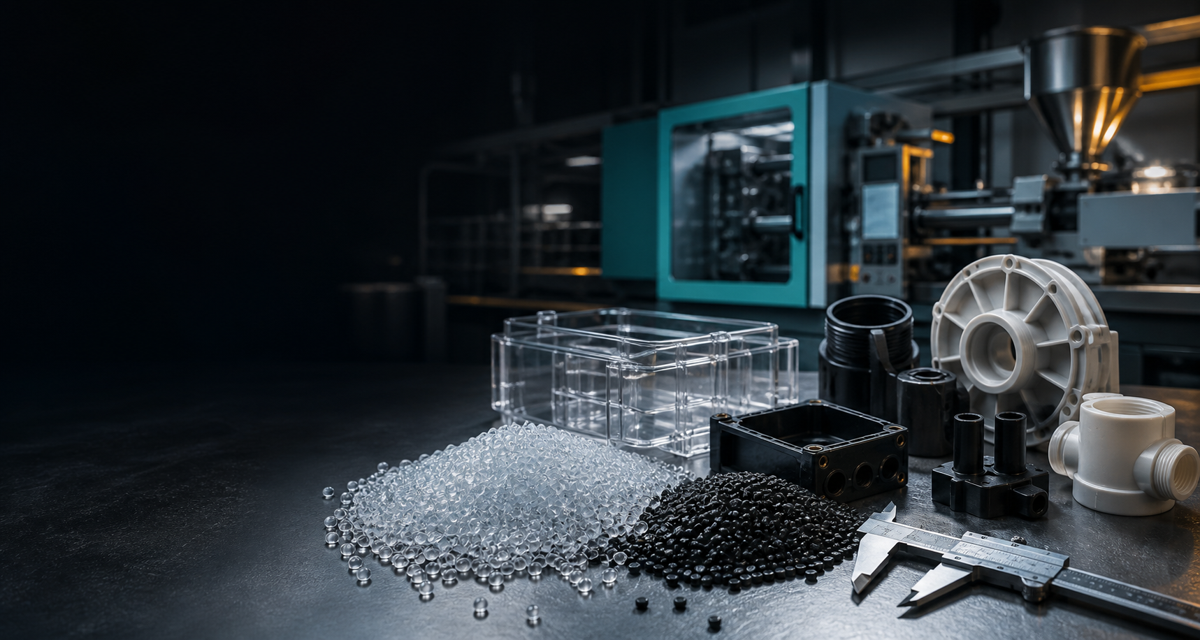 Illustrative industrial plastic components, polymer pellets, and molding equipment